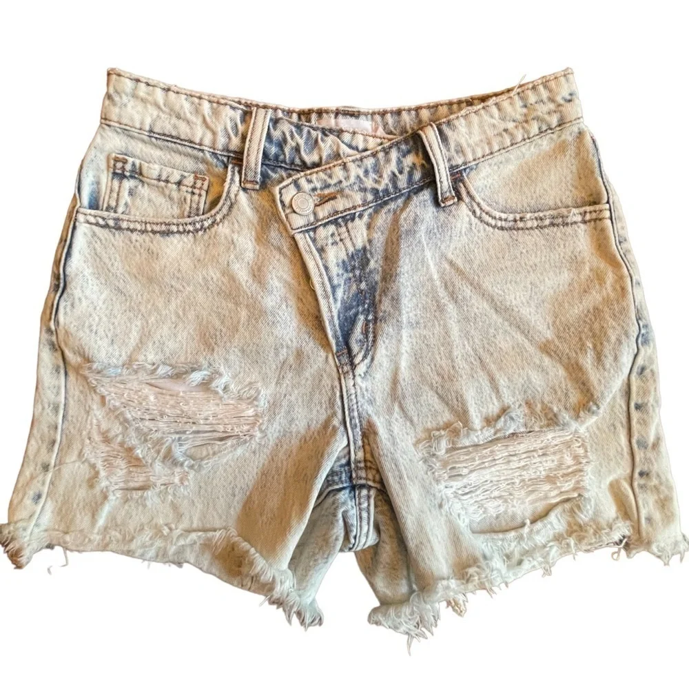 NEW Cello Acid Wash Asymmetrical Button Fly Jean Shorts Distressed XS